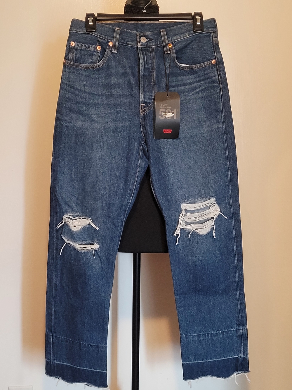 Levi's Premium 501 Distressed Dark Blue Ankle Cropped Jeans
